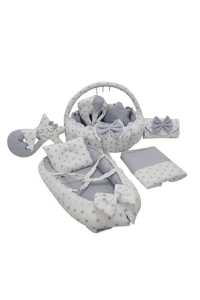  Gri Yıldızlı Tasarım Lüx Babynest Oyun Minderi 11 Parça Set
